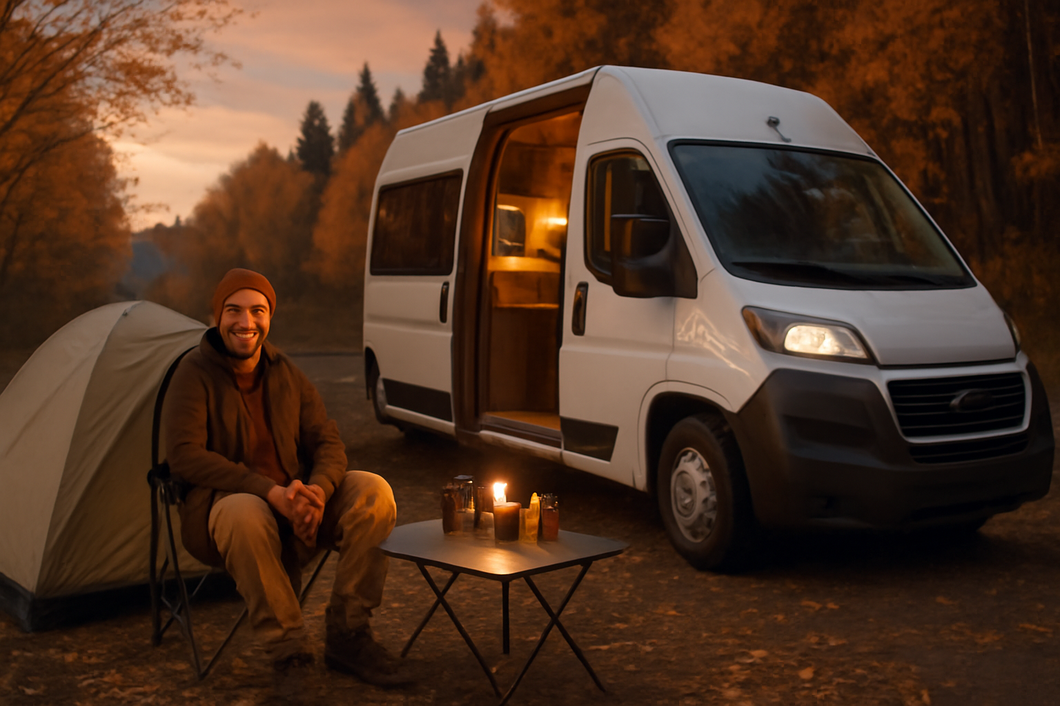 レンタル車中泊セットを使って夕暮れの道端で安心してくつろぐ様子を示す横長写真、季節感あり