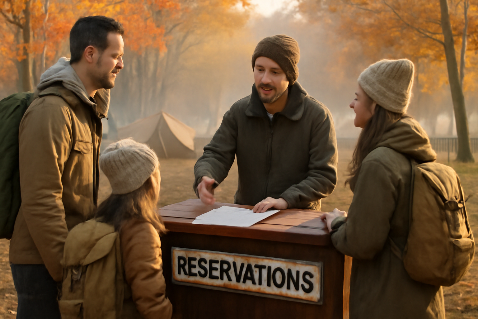 キャンプ用品市況：朝のキャンプ場受付と予約の様子、秋の柔らかい光と訪れる家族、次の行動を促す場面を描いた写真