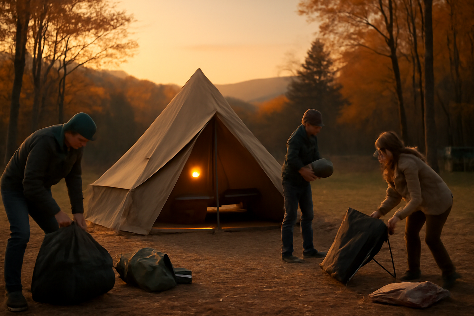 NESTOUTがあるキャンプ場での撤収風景を落ち着いた夕暮れに描いた一枚。準備を整えて次の週末に備える雰囲気を伝える