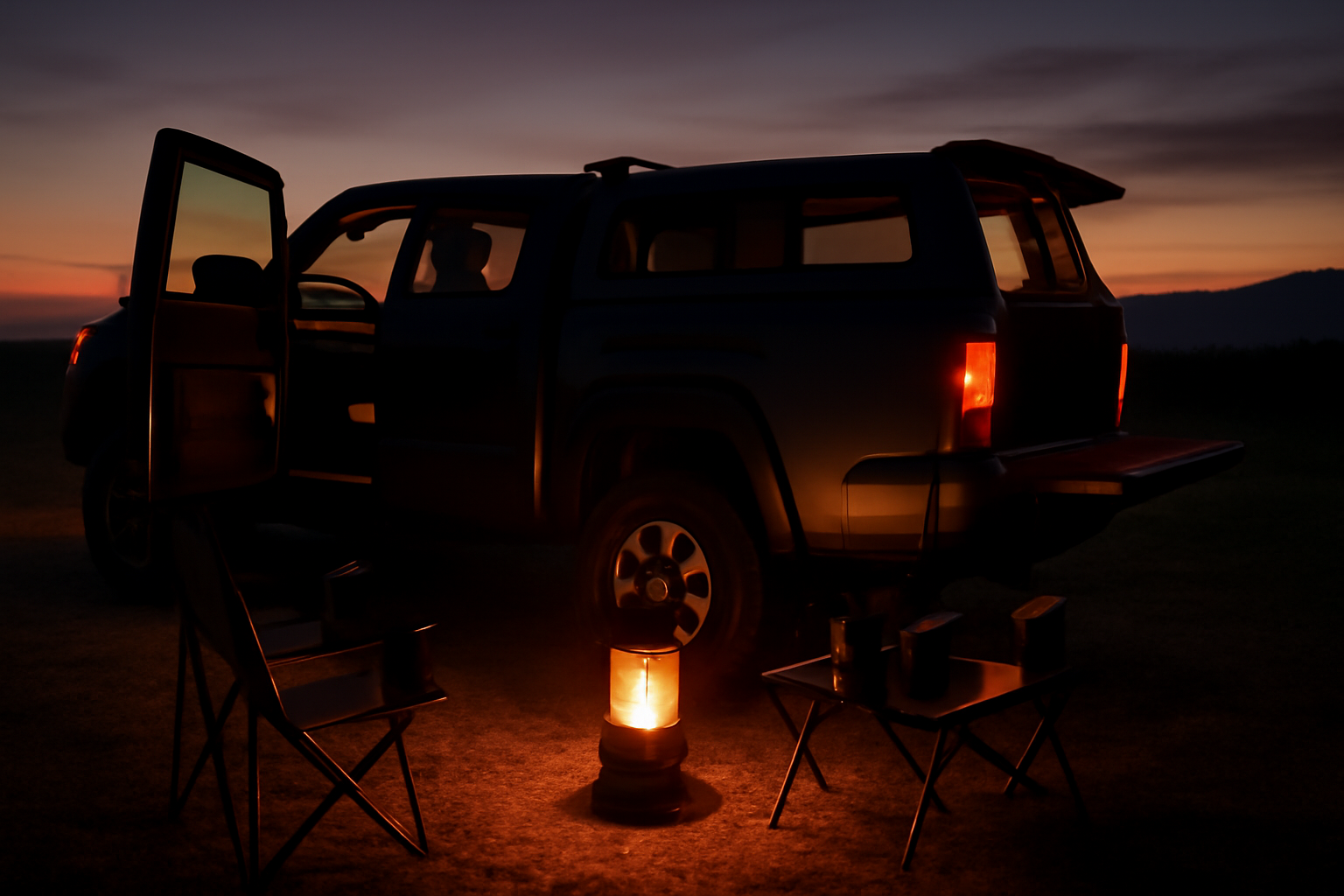 車中泊セットでの準備を促す夕暮れの車と暖かいストーブ、実践的な雰囲気を広角で表現