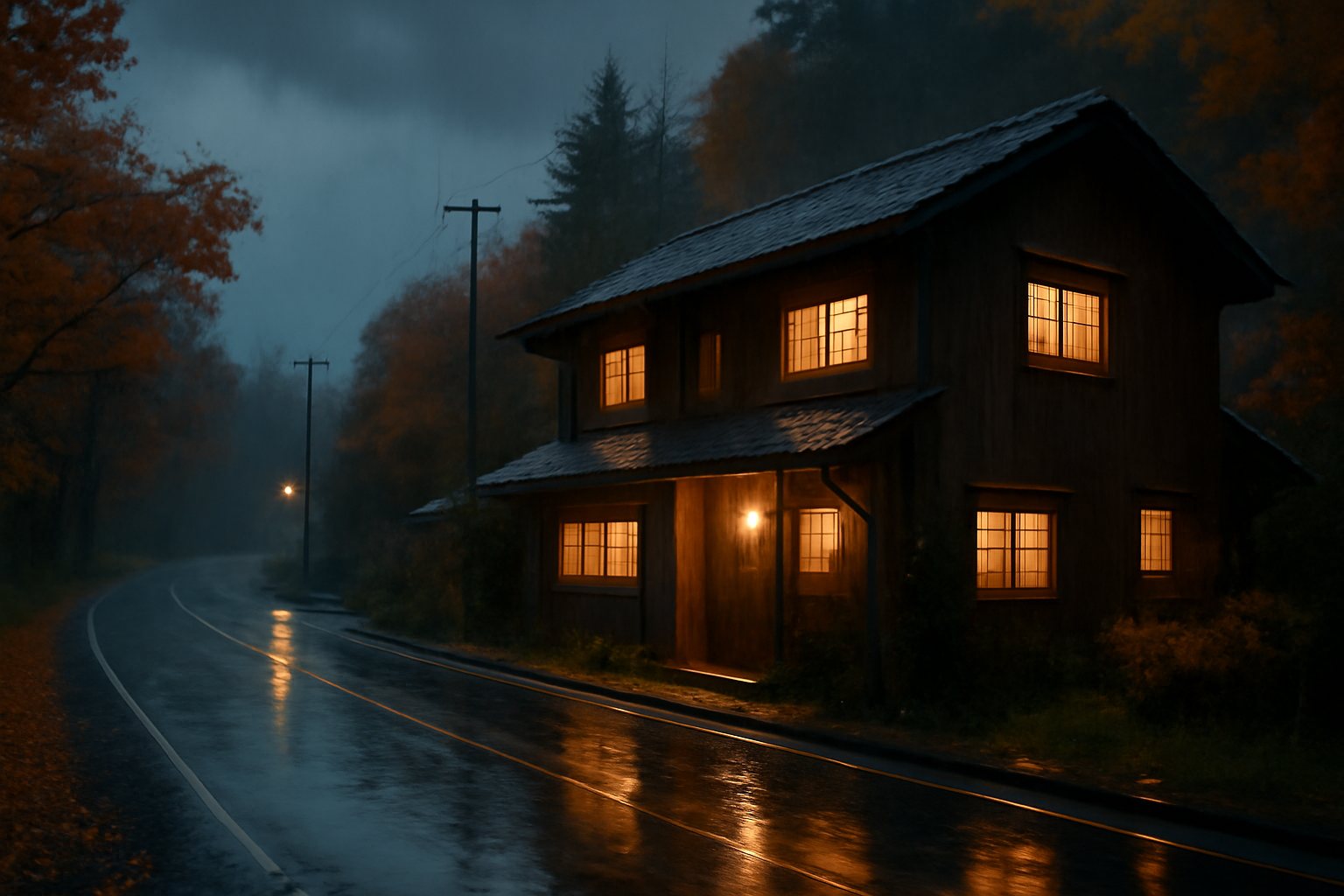 ときがわフェス:荒天時に近隣の宿で安心して過ごすための夜景と小さな宿の外観を写した写真