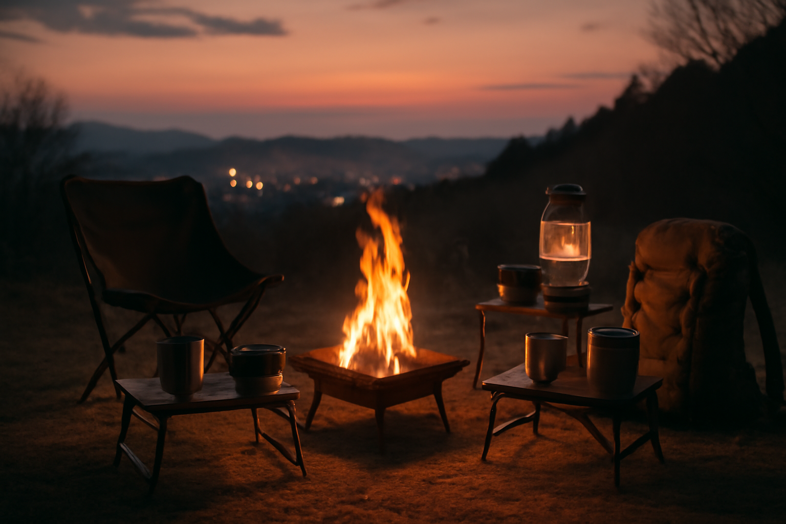 夕暮れの焚き火とコンパクトギアの夜景