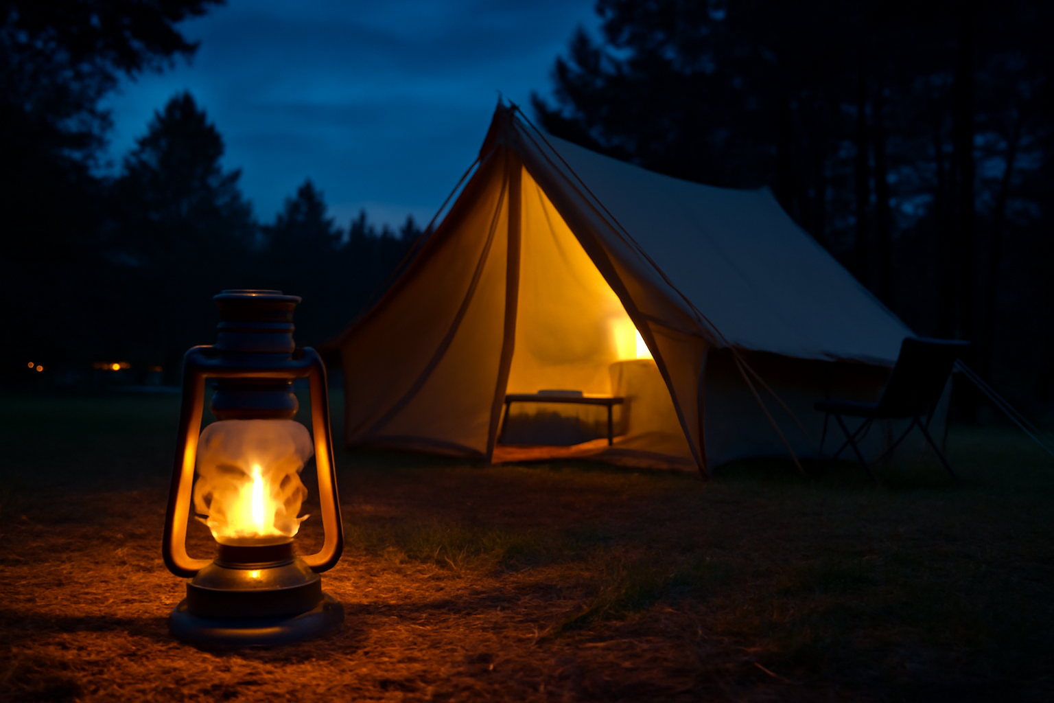 落ち着いた夜のキャンプサイトとランタンの温かい光