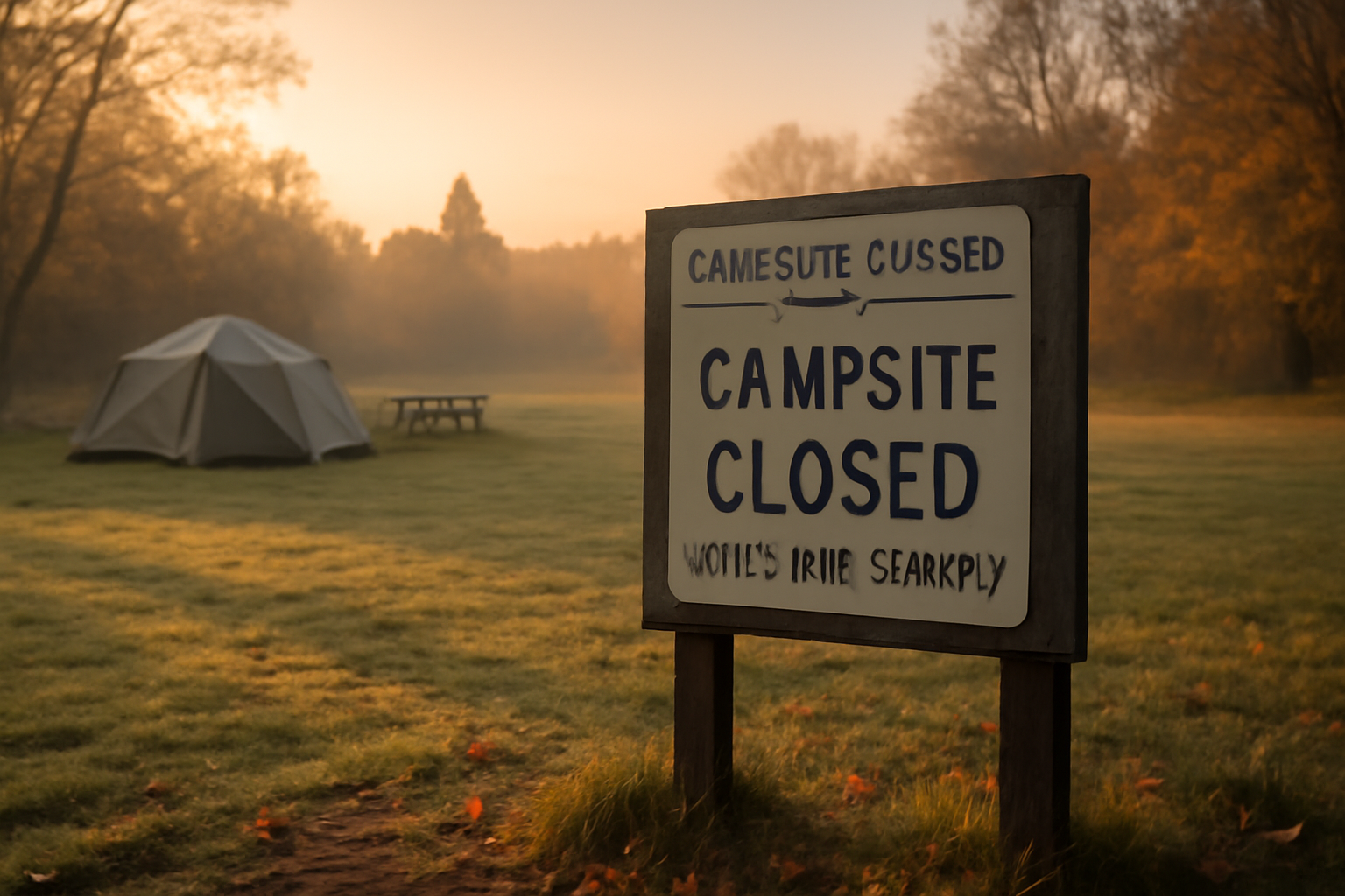 札幌八剣山クマ 発生を受け休業のお知らせが出されたキャンプ場の早朝の様子。秋の冷えた空気と静けさが伝わる風景写真