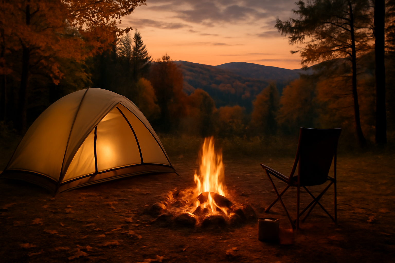 シートゥーサミット 秋の山の夜、焚き火と温かい食事で仲間が語り合う安全なキャンプへの誘い