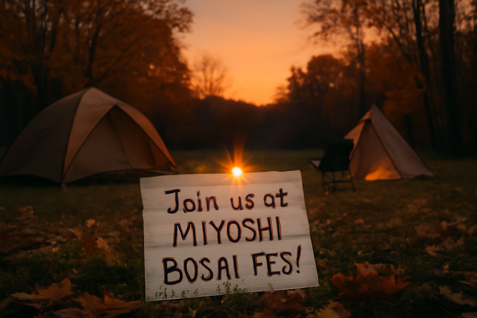三好防災フェスの参加を促すエディターノートの内容を視覚化した、秋の静かなキャンプ場の夕景写真