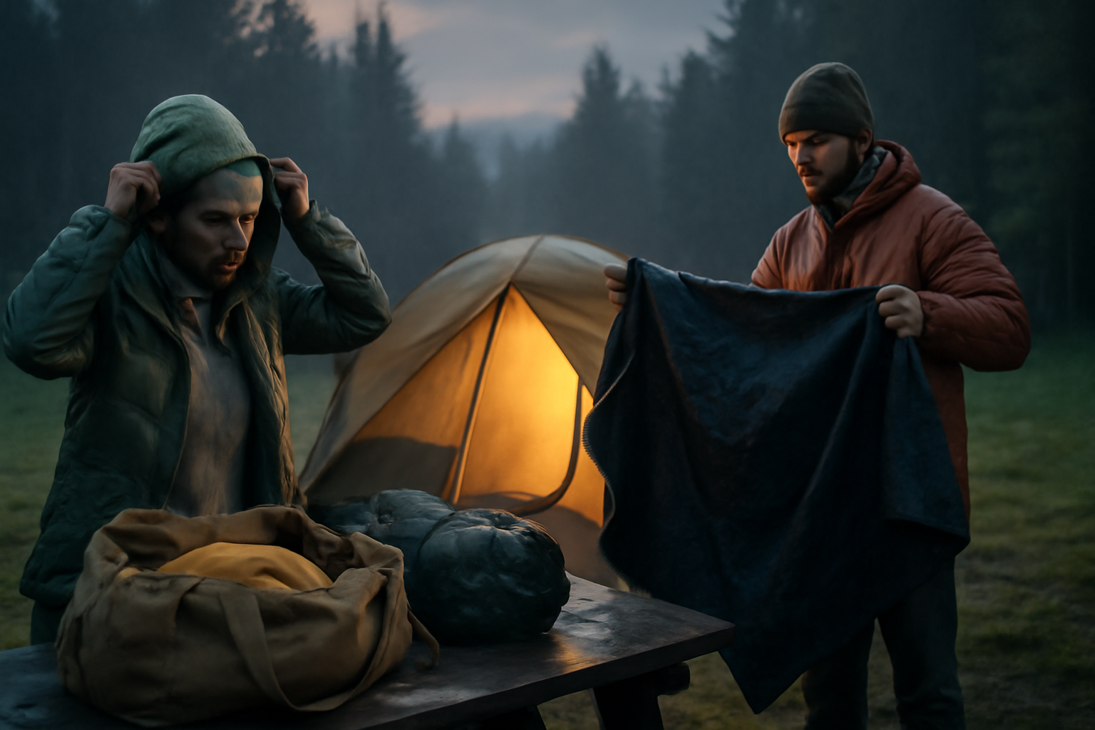 キャンプ　夕暮れの雨対策で代替案を用意する様子。備えあれば憂いなしを視覚化した写真。