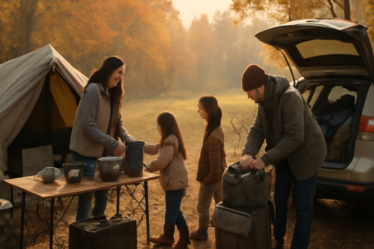 新幹線そうめんを試す前に近場のデイキャンで準備と確認をする風景、秋の朝で柔らかな光の一コマ