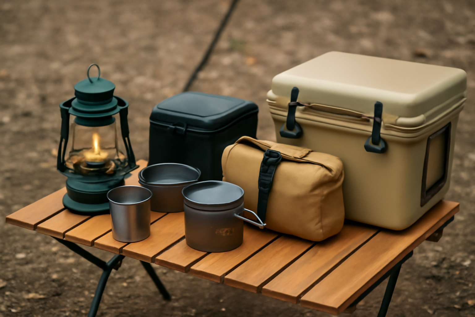 キャンプ用ギアを並べたテーブル。ランタンとクーラーボックスが見える。