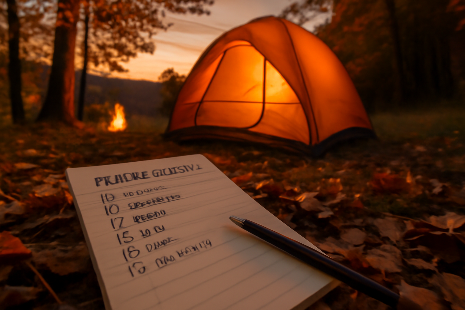ワイドコットで予約前の準備イメージ、秋の夕暮れテント脇で荷物を確認する様子を広角で撮影した写真風の描写