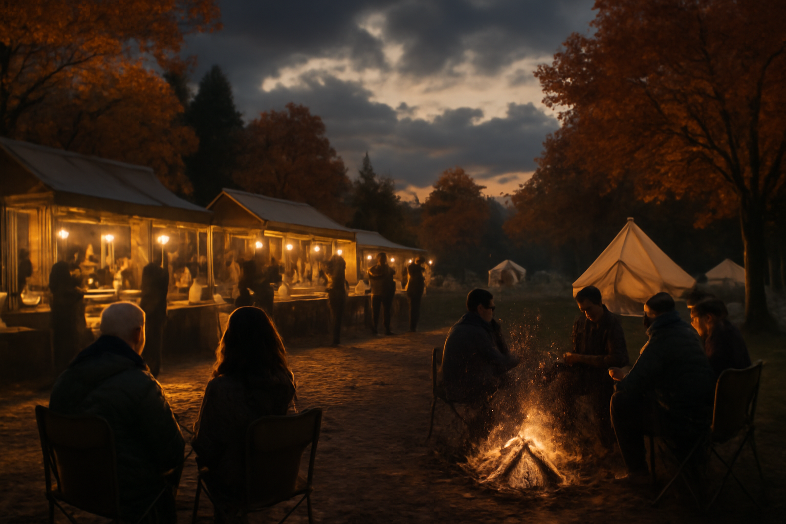 新十津川吉野のイベント後に安心して次の計画を考える様子を表す落ち着いた秋の夕景写真