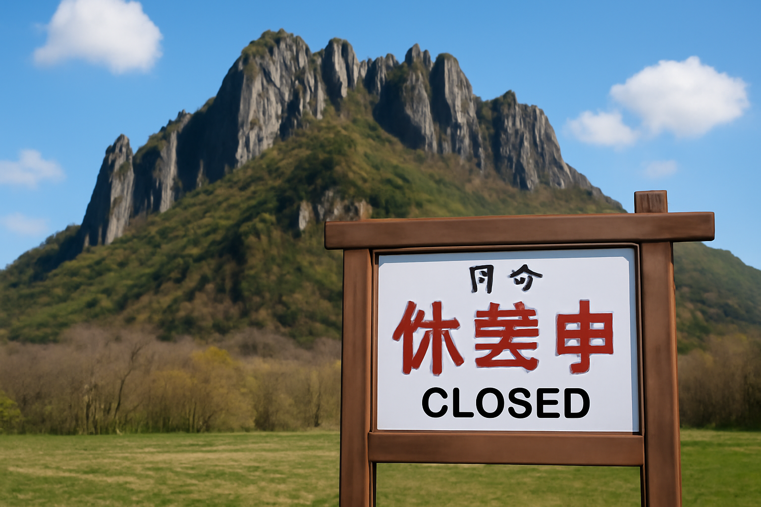 八剣山の山容と休業案内の掲示板