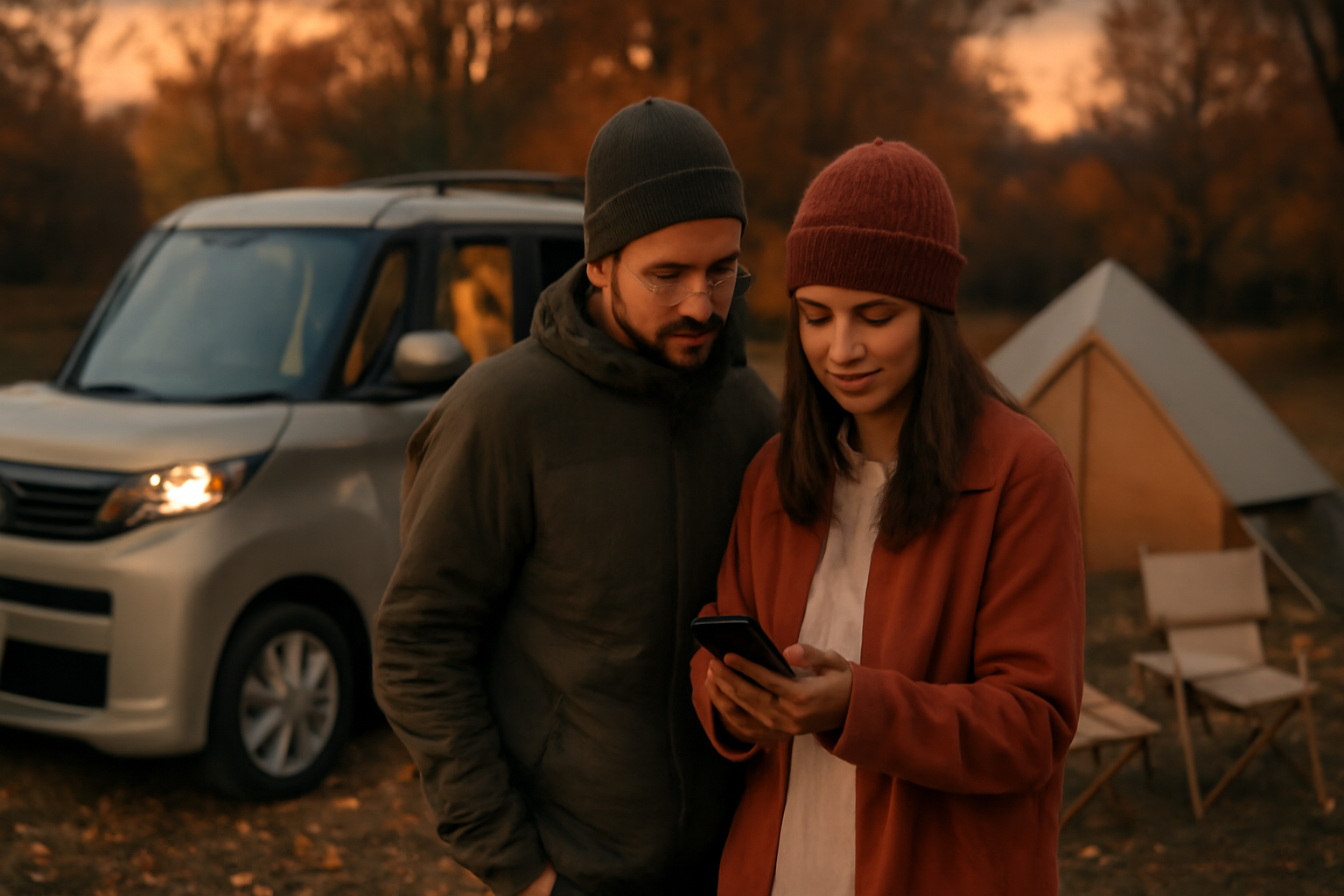 デリカミニ車中泊でレンタル予約を確認する風景、夕暮れのサイトで出発準備をする実用的なイメージ写真