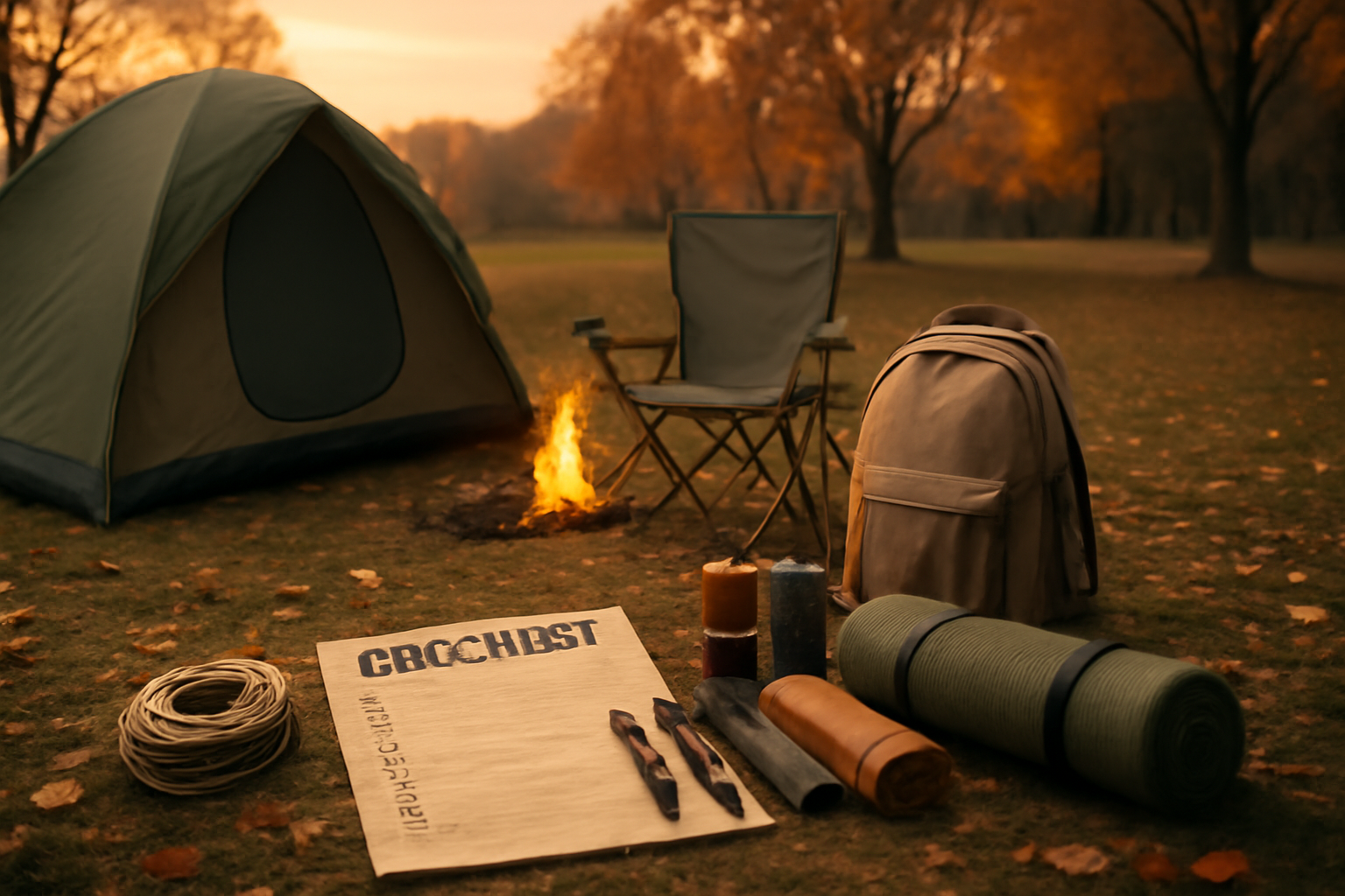 ミステリーキャンプでの持ち物チェックを示すイメージ、秋の公園で夕暮れに装備が並ぶ整理された写真