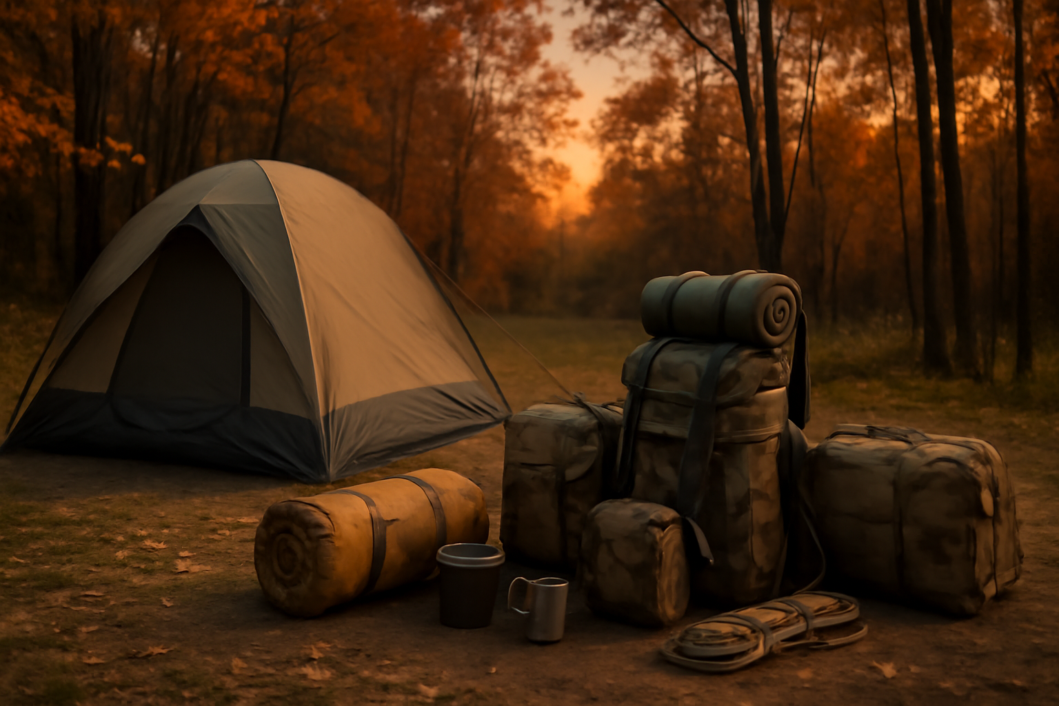 秋ギア比較:秋の夕暮れ、テント脇に収納されたギアと出発準備の情景を広角で写した写真