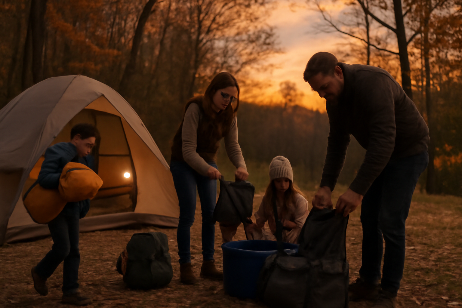 海津キャンプで家族が夕暮れに荷造りしている情景、温かい光と秋の空気を感じる広角写真