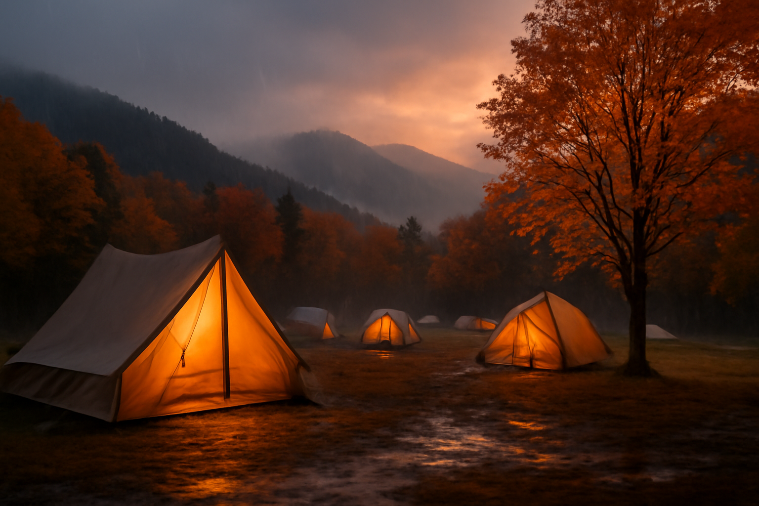 三好防災フェス:悪天候時の屋内切替えや近隣施設利用を促す案内をイメージした夕暮れのキャンプ場写真