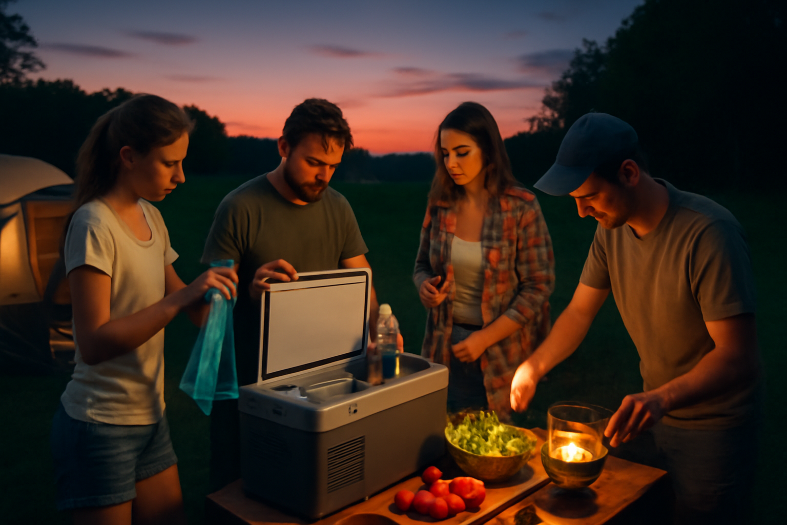 冷凍庫 を使って体温を下げる冷却タオルや保冷飲料を準備しているキャンプの様子。夜の涼しい時間帯に整えた場面