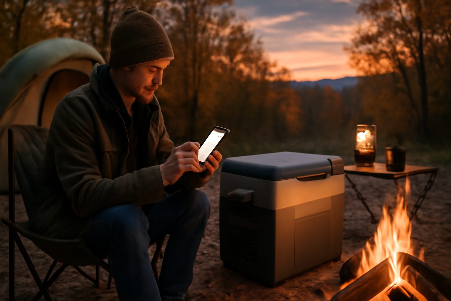 ポータブル冷凍庫での購入手順を確認する様子を表現した写真。ポータブル冷凍庫を検討する行動を夕暮れのキャンプ場で広角に捉えたイメージ。