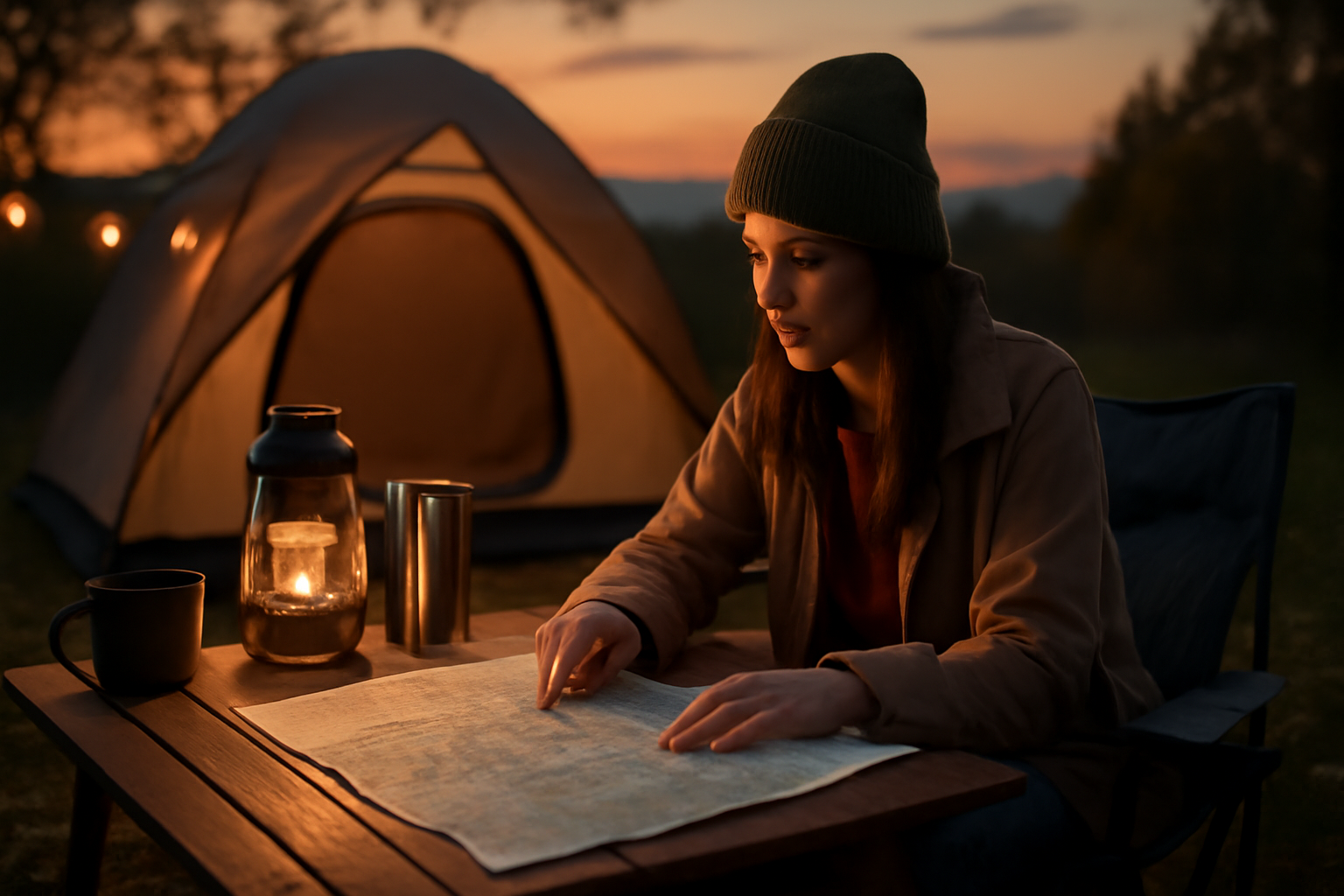 ベランピング初心者が次の週末プランを考える様子。秋の夕暮れ、屋外テーブルで地図を広げる写真