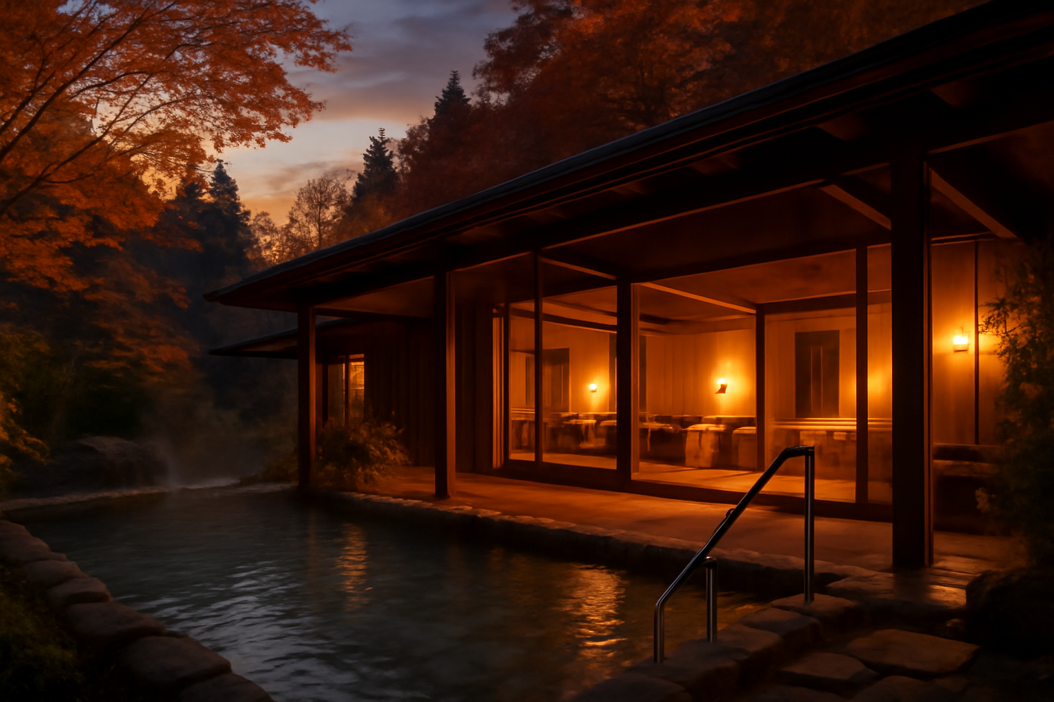 秋キャンプで荒天時に温泉やコテージに切り替える提案を示す、暖かい宿の夕景イメージで安全でゆったりした雰囲気を表現