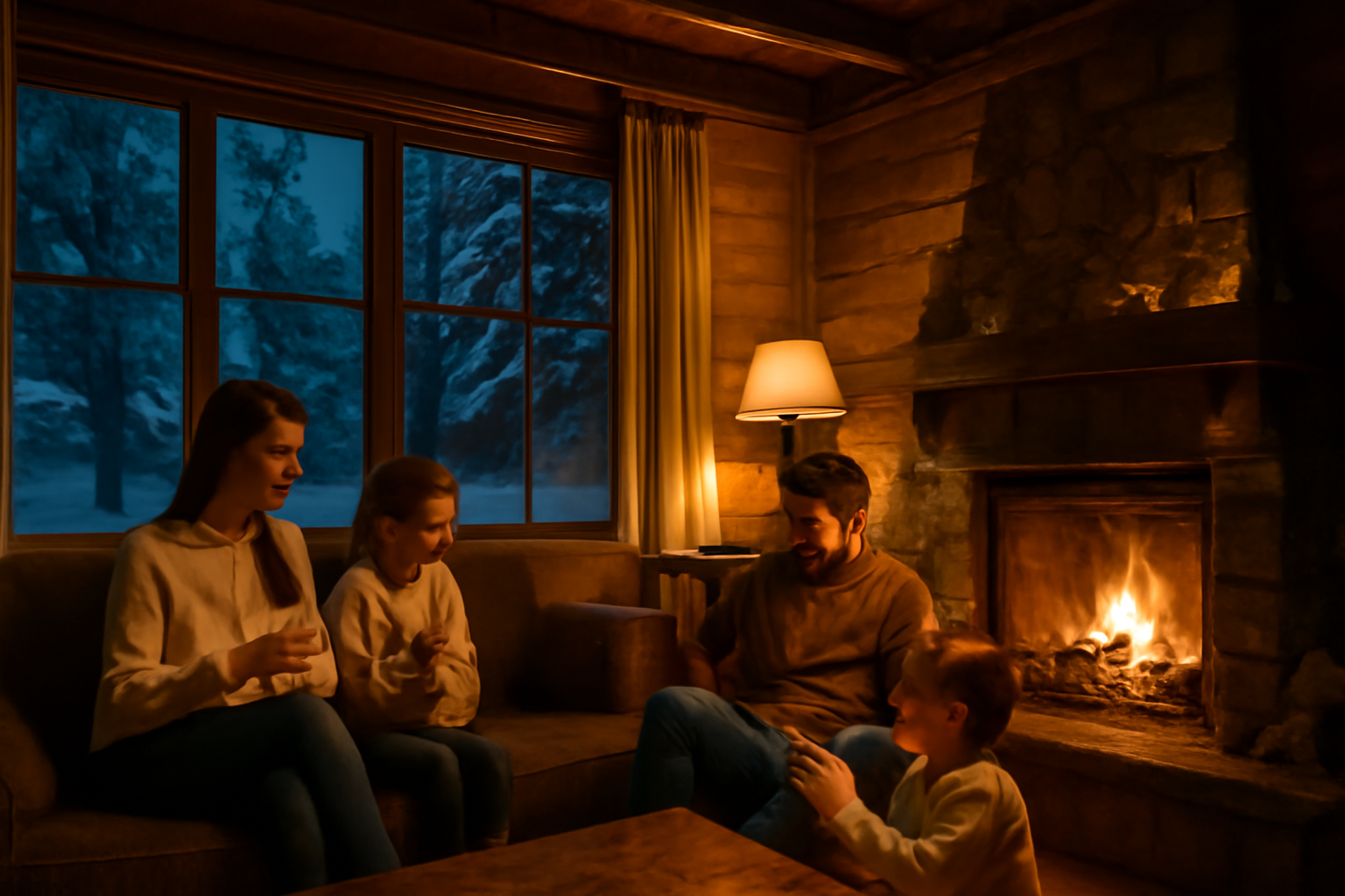 サクッとキャンぷら 冬のコテージで暖かく過ごす家族の様子、窓外に雪景色