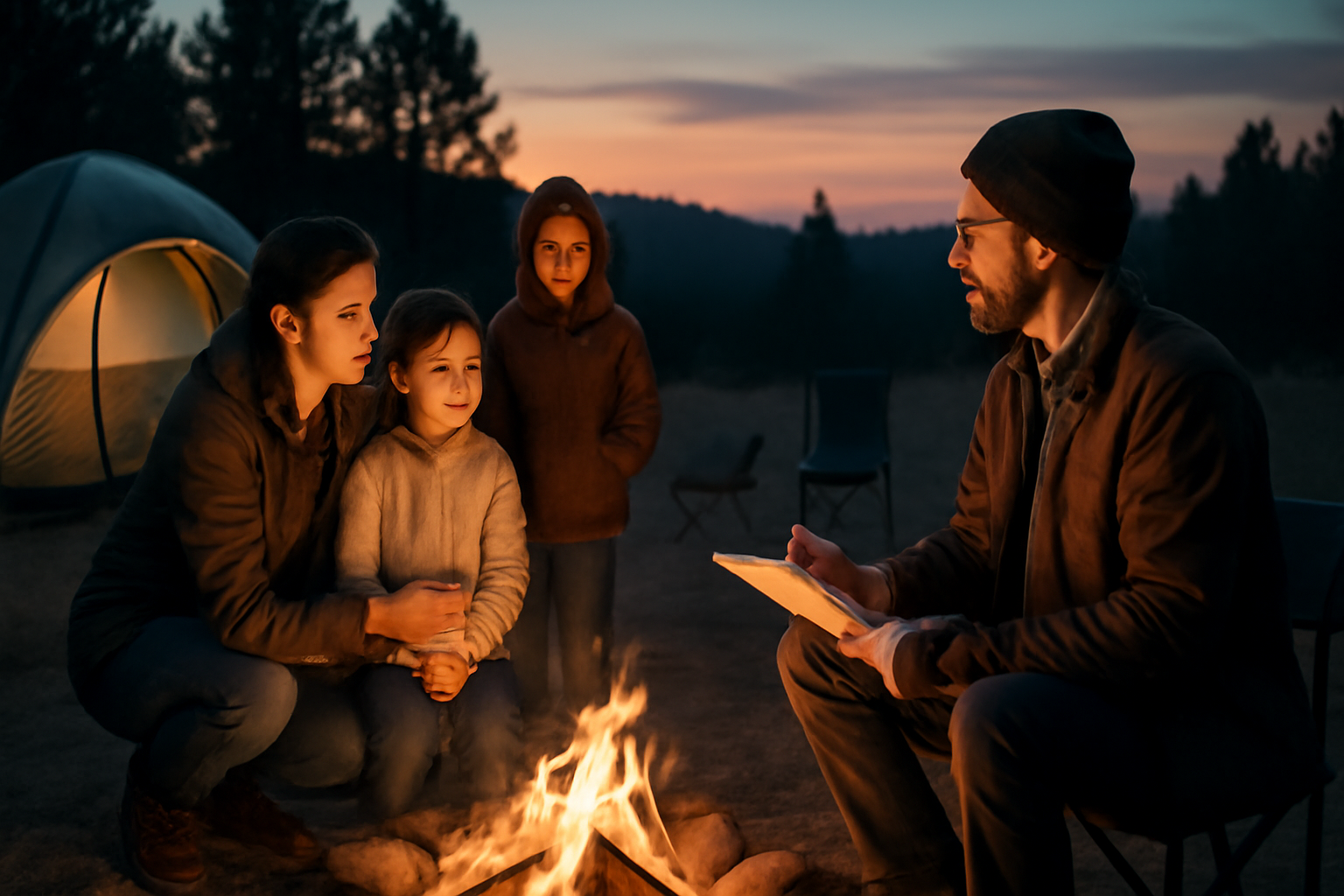 焚き火体験ナンドッグ:参加を迷う家族に寄り添うエディターノート風の夕暮れのキャンプ場風景