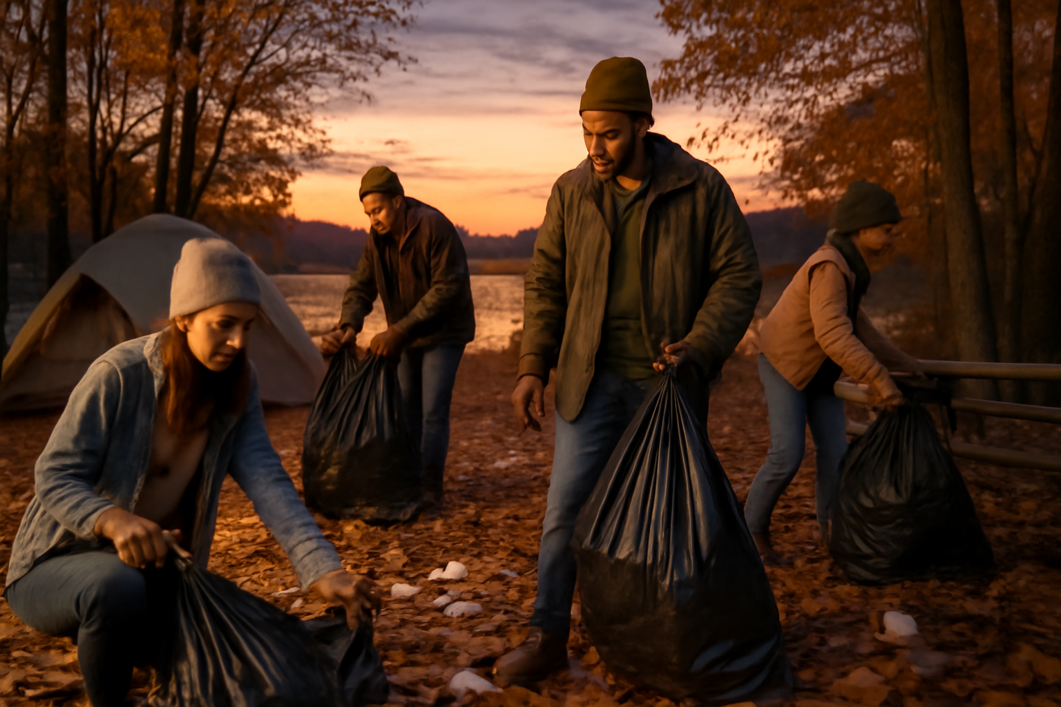 キャンプ場有料化を受けてボランティアが秋の夕暮れに清掃する風景、地域と協力する様子を写した写真