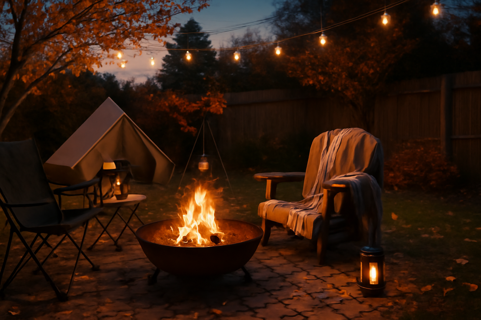 ラウンドコンテナ: エディターノート後、秋の夕暮れに次の行動へ誘う暖かな焚き火とギアの情景の実写
