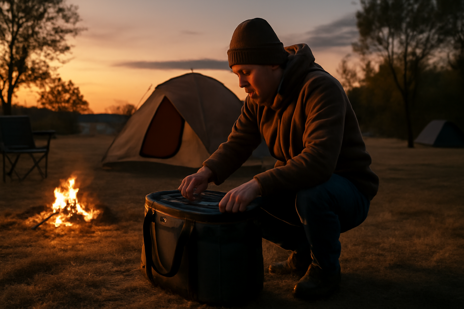クーラーバッグ:夕暮れのキャンプ場でクーラーバッグを片付ける様子、暖かく落ち着いた時間を表す写真