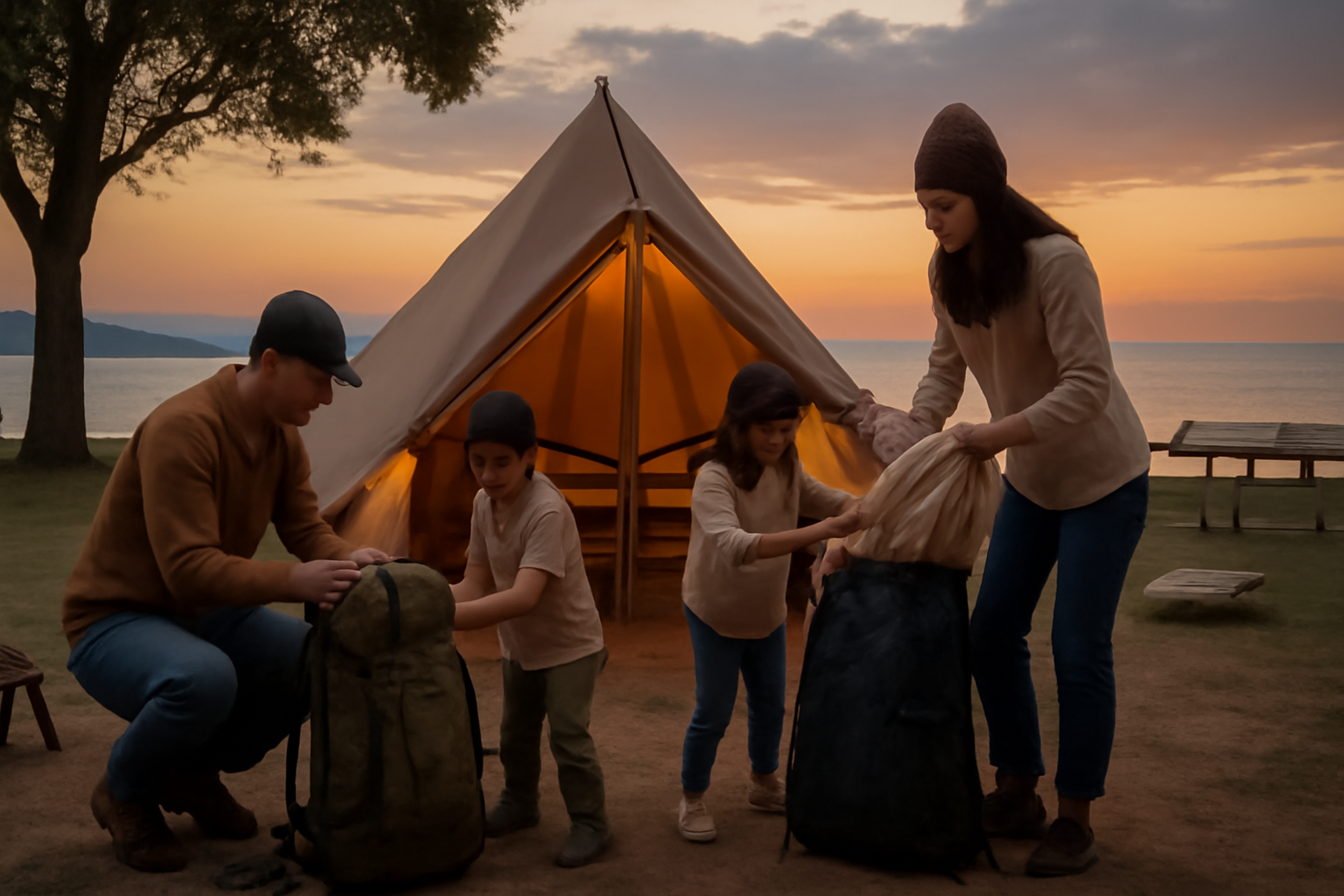 赤穂シーサイドパークで次の予約準備を促す風景。夕暮れの海沿いサイトでリュックをまとめる家族の情景を写した一枚