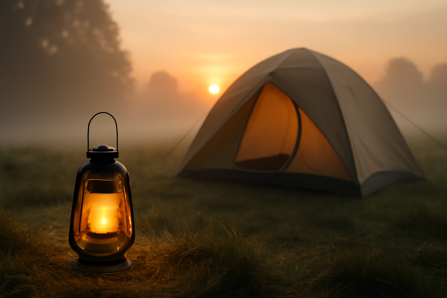 スマイルSALE 朝のキャンプ場で温かな灯りをともす小型ランタンの風景、落ち着いた朝霧とテント