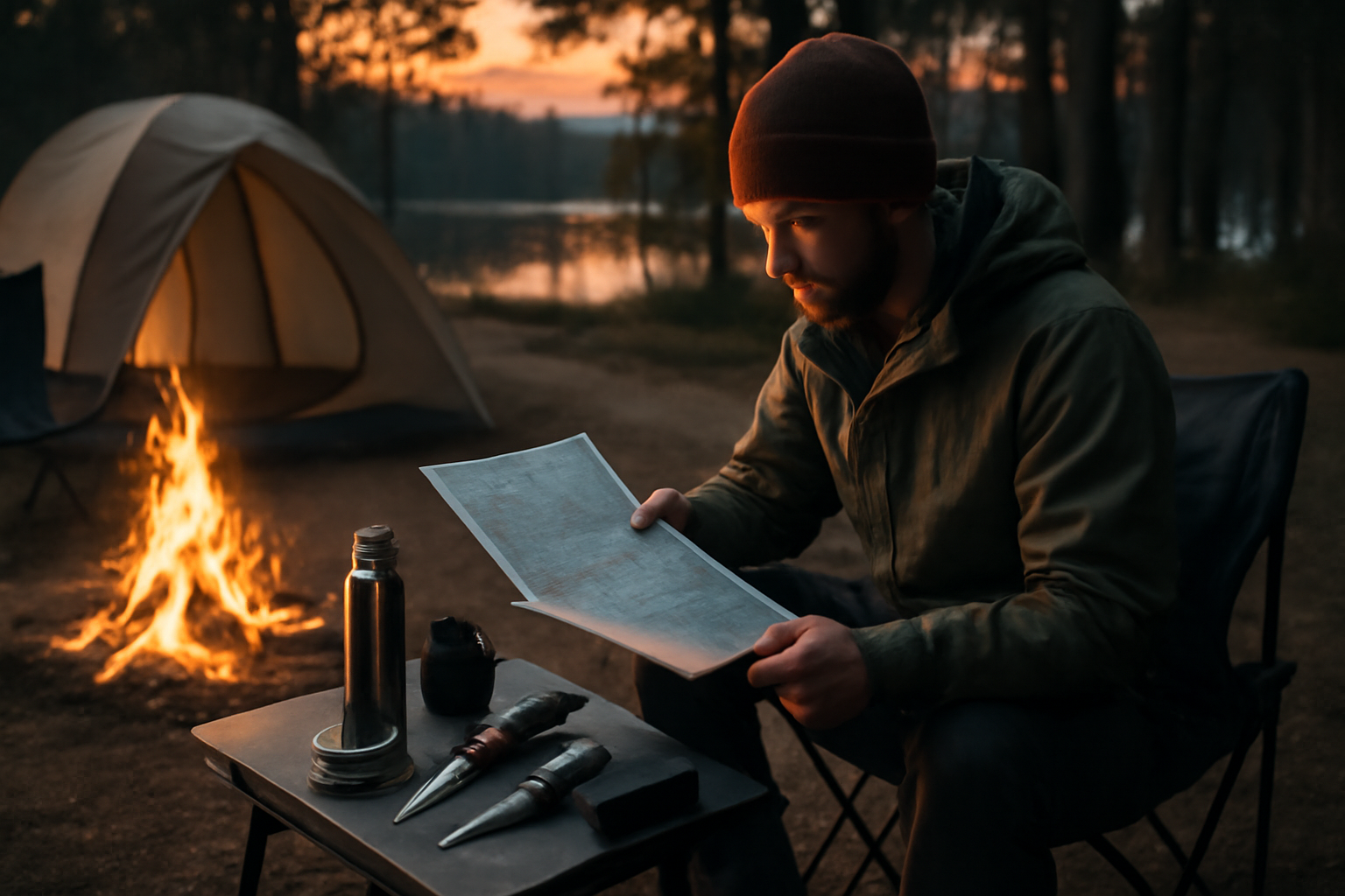 キャンプギア:次の行動に向けて準備を整える様子を表す夕暮れのキャンプ場、ツールや地図を手にする雰囲気の横長写真