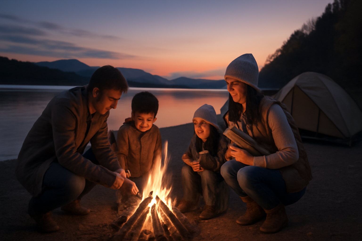 LScamp山中湖村で家族が夕暮れに焚き火を準備する温かい場面を横広で捉えた写真