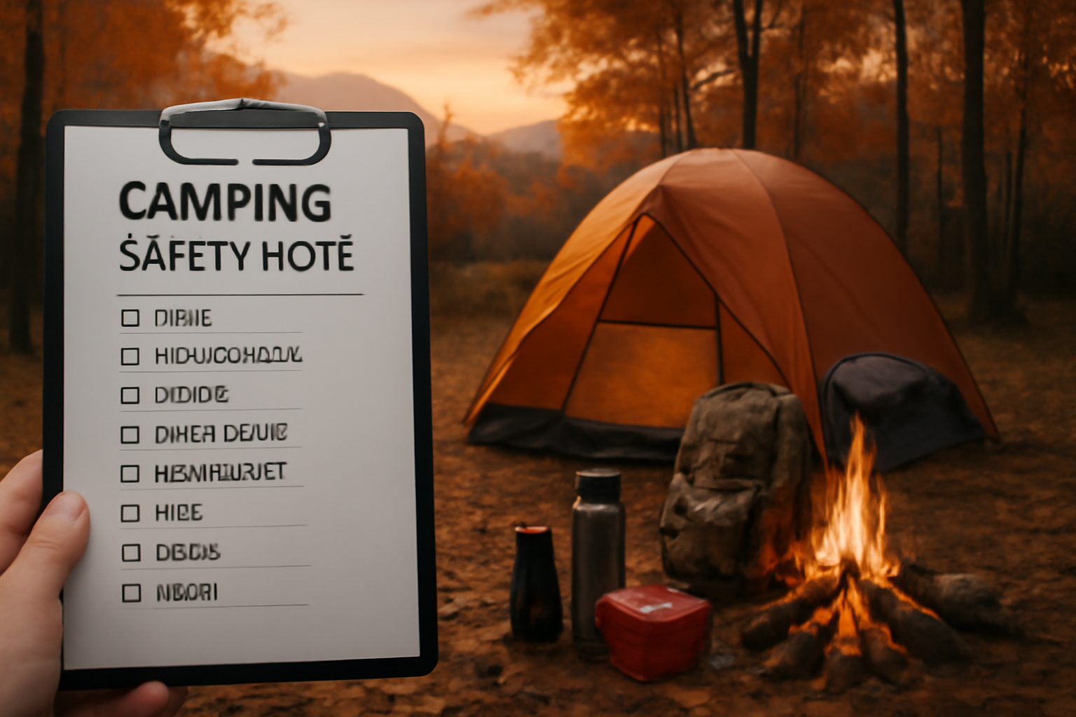 ジャクリ神戸での来場チェック項目を促すイメージ、秋の夕暮れのキャンプ場に置かれた持ち物チェック表の写真