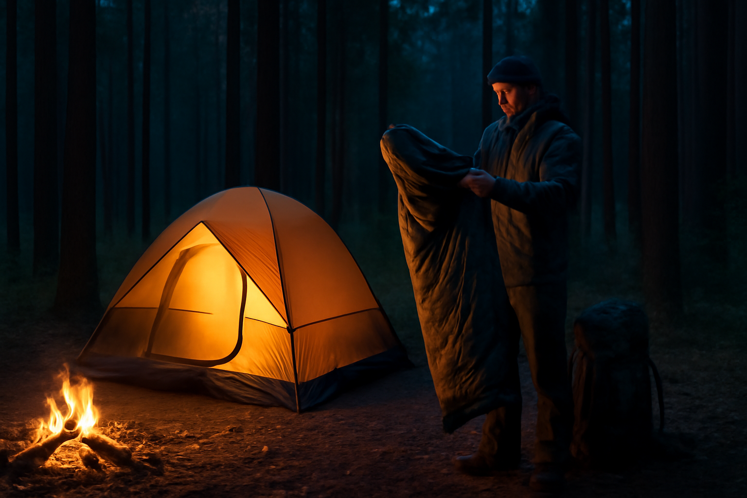 マルチレイヤー寝袋を検討する読者への行動促しを表現した夜の林間キャンプのイメージ写真。サイズ確認とカート保存を促す情景