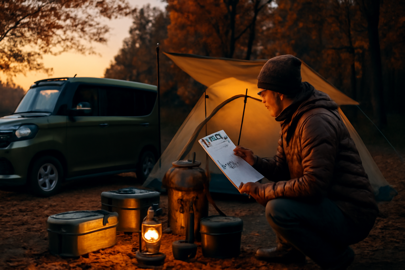 デリカミニ 予約と道具チェックを促す夕暮れのキャンプサイトでギアを点検するキャンパーの様子を横構図で