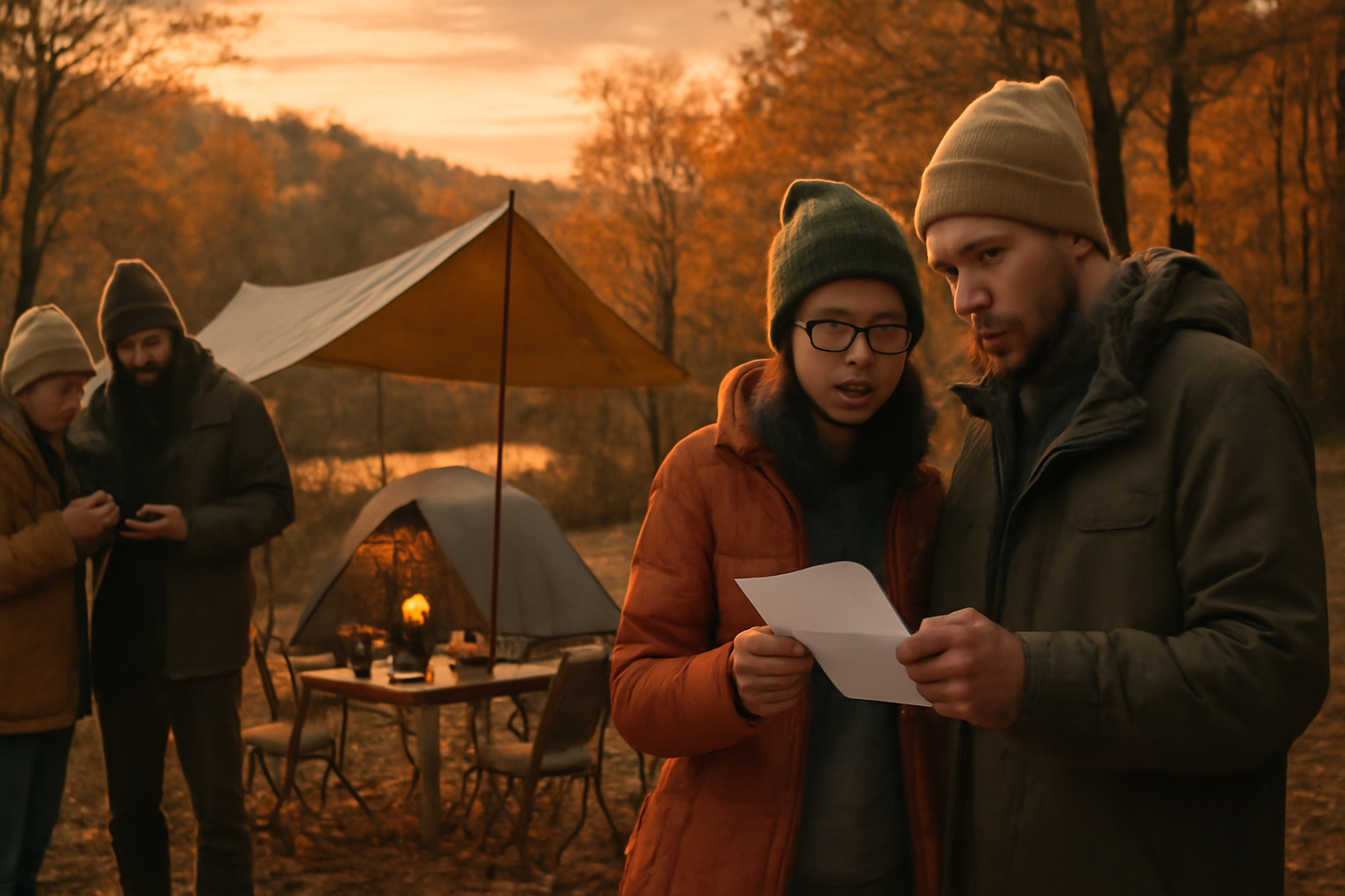 もりの国祭り:参加前に予約情報を確認しているキャンパーたち、夕暮れの秋の美鈴湖キャンプ場で落ち着いて準備する様子