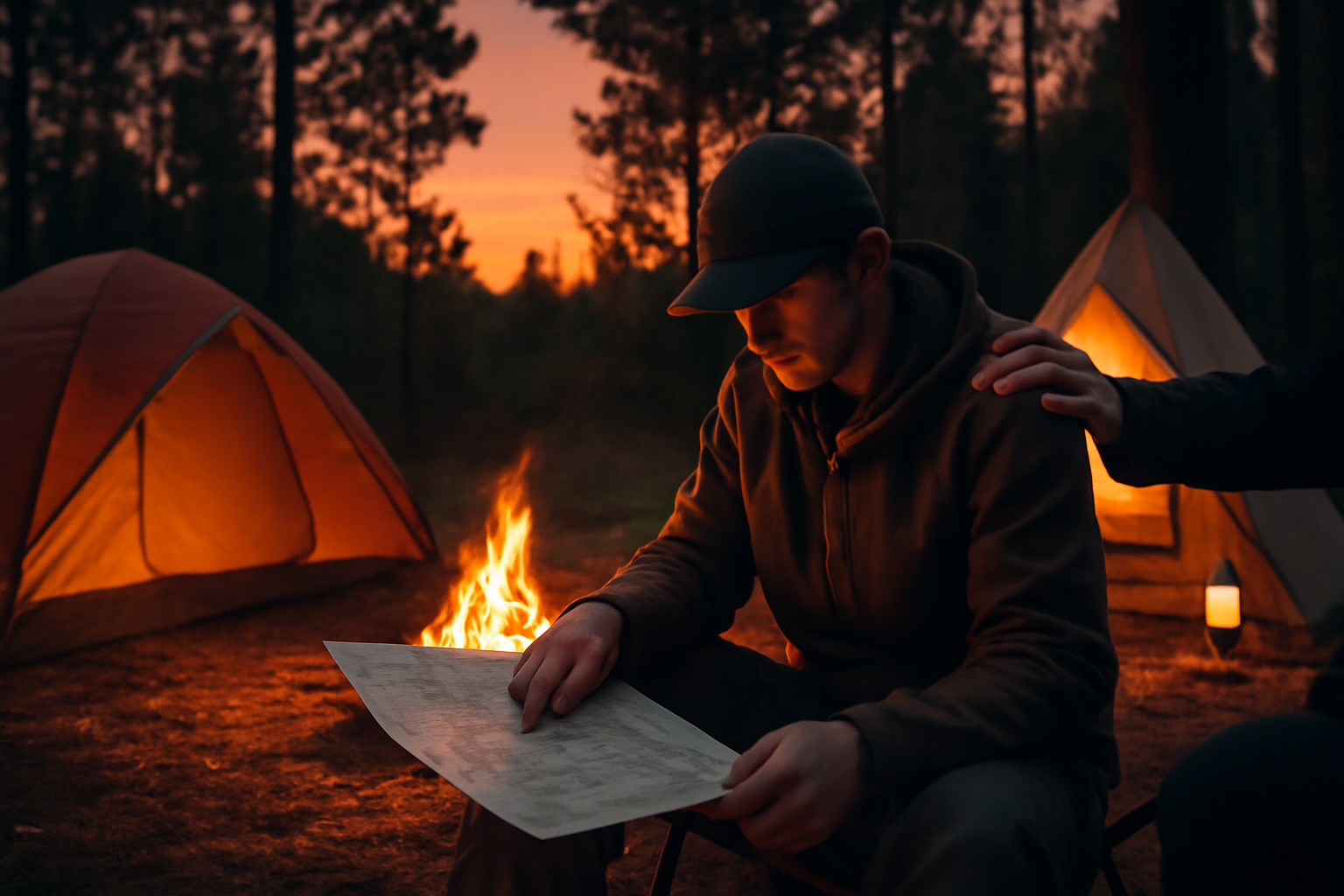 MOUTHキャップをかぶった人物が夕暮れのキャンプ場で地図を見ながら次の行動を決める安心感のある光景。暖かな夕焼けと静かな森の雰囲気を表現。