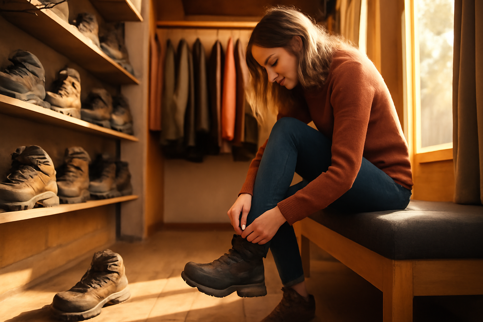 トレッキングシューズの試着風景を想像した写真。店内の午後、柔らかい光で靴を試す様子を写したリアルな横写真です。