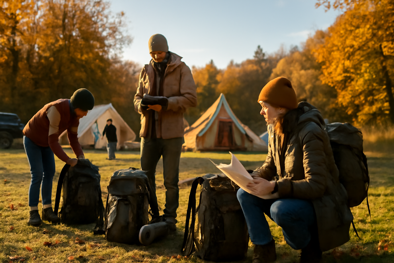 モンスターキャンプ:朝の準備をする参加者を描いた写真的イメージ。持ち物チェックで安心して出発する光景を広角で表現。