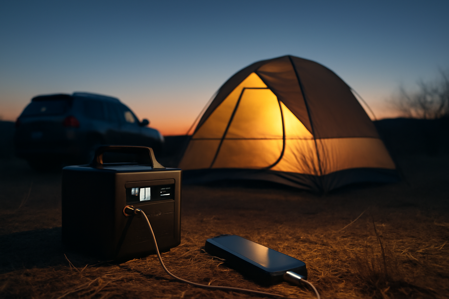 ソロキャンプ 持ち運べる電源で夜も安心な車中泊やテント泊の安全を支える風景。夕暮れの落ち着いた雰囲気を写す。