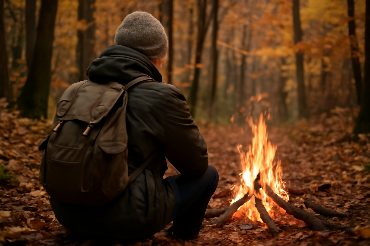 秋の森で一人焚き火を囲むキャンパーの背中