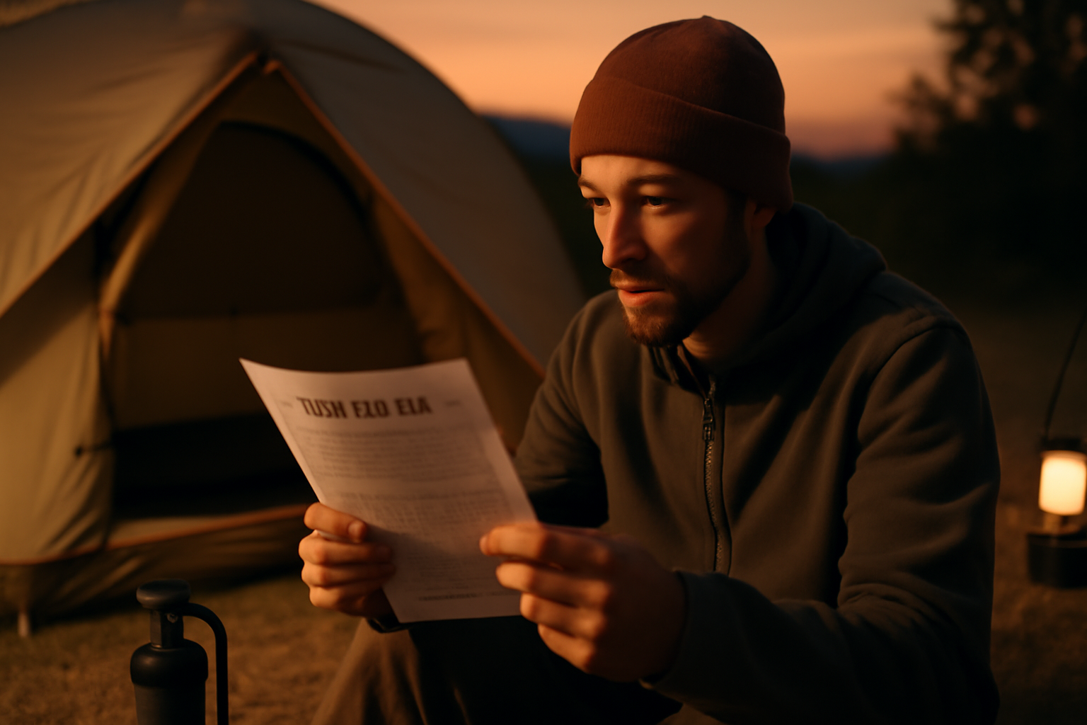 NESTOUTポンプで設営を終え、次の行動を前向きに考えるキャンパーの夕暮れの様子を写した実写風の画像