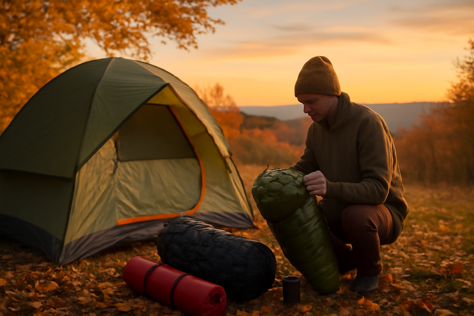 コールマン寝袋感想：夕暮れのキャンプ場で次の行動を促す場面、寝袋やギアを手にする人物を描写した写真