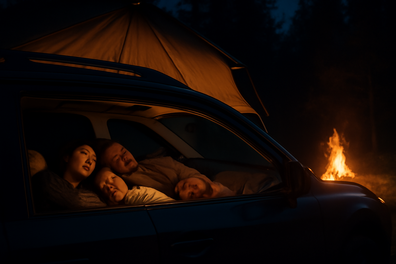 家族4人が車内で寝ているイメージ、夜の焚き火と車側のテント風景