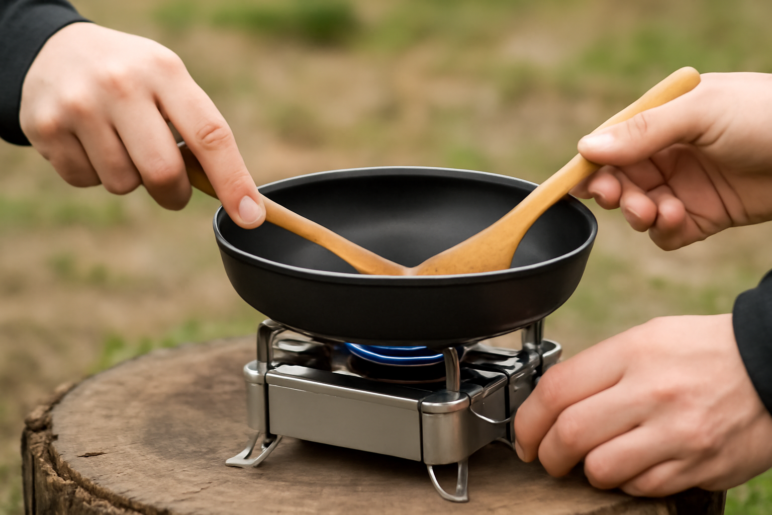 屋外でシングルバーナーを使って料理する手元のクローズアップ。安全な設置が分かる構図。