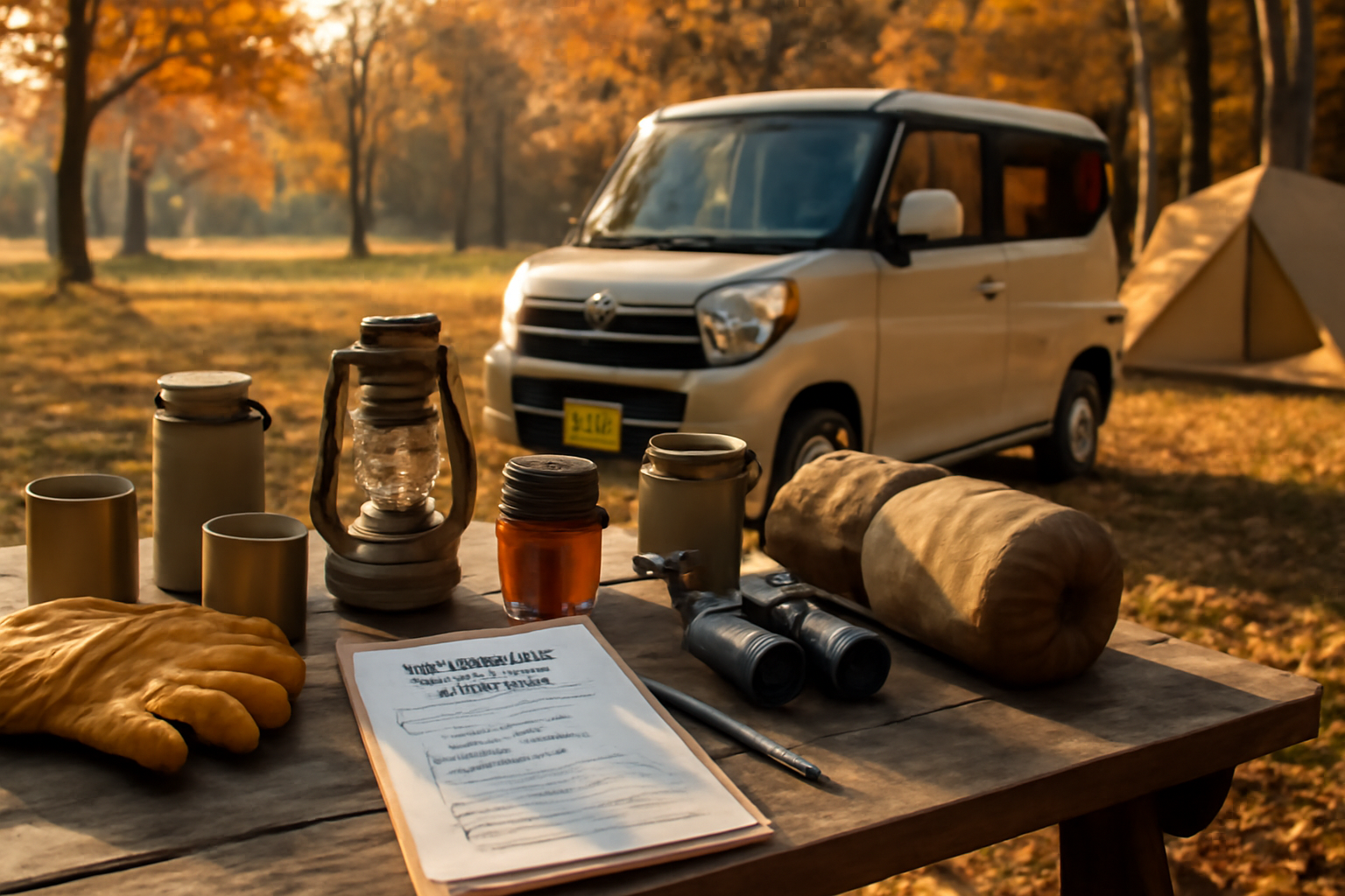 デリカミニと装備チェック、秋の朝にキャンプテーブルに道具とチェックリストが並ぶ光景を示す画像です。