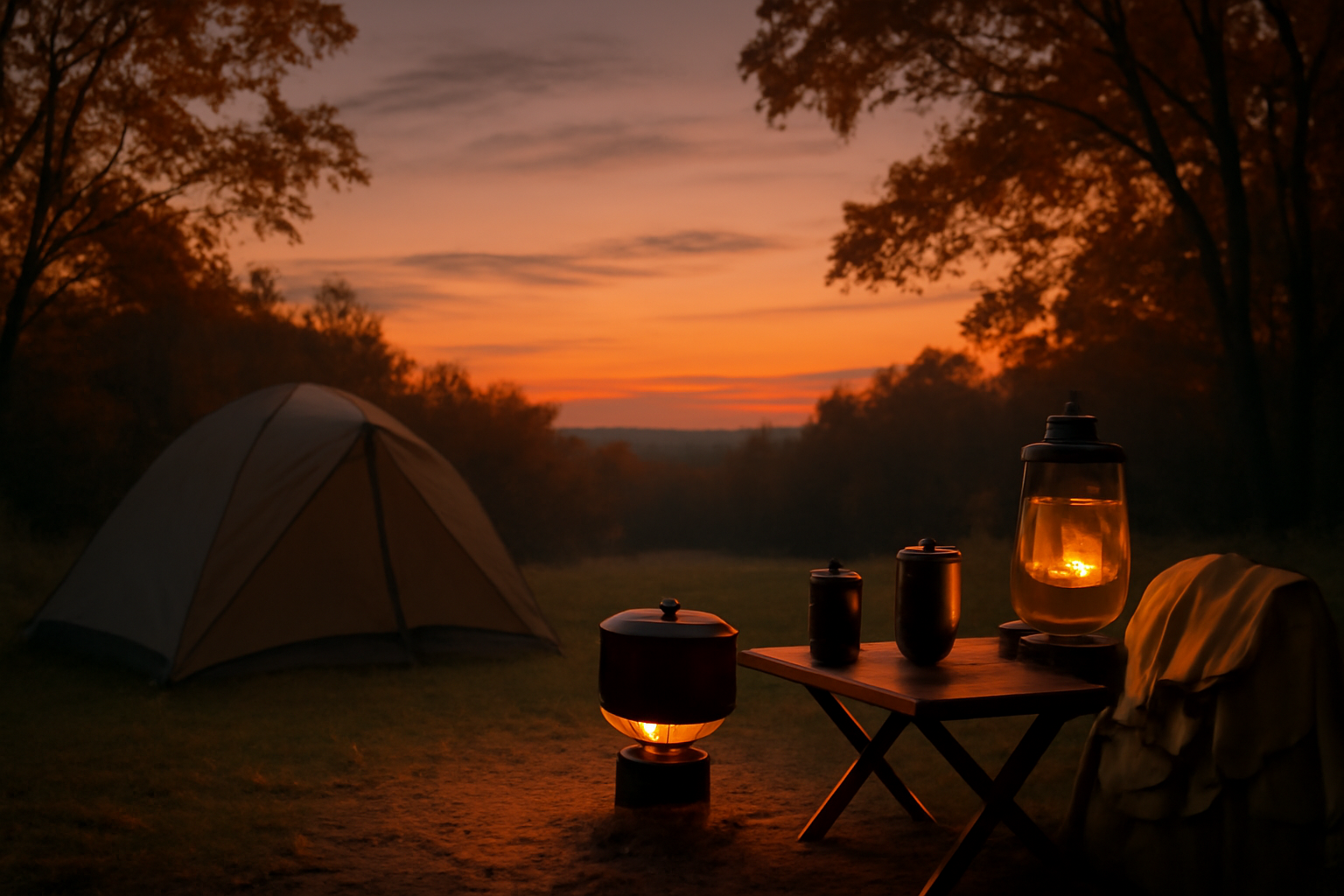 シングルバーナーで調理を終えた夕暮れのサイト、次の行動に向け準備を促す暖かな雰囲気の写真