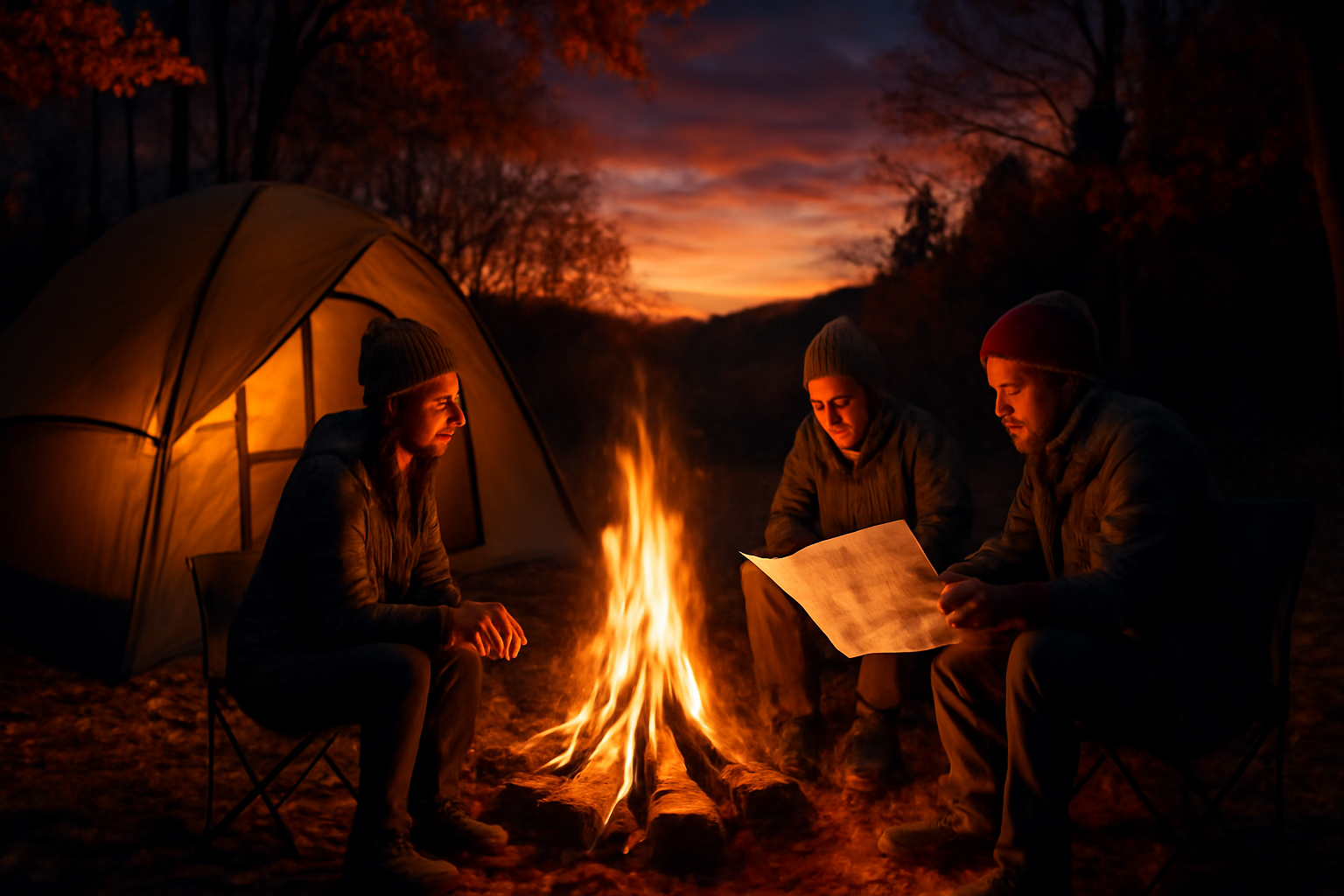 おとキャン:次の行動を促す夕暮れのキャンプ場イメージ、秋の夕焼けと焚き火で温まる参加者